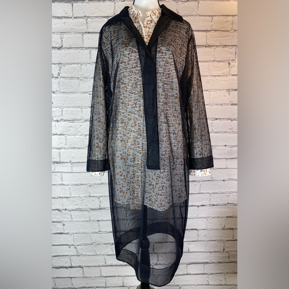 Akris Bohemian Bird Geometric Print Tunic Button Down Shirt Bell Sleeves Size 14 - Picture 14 of 16